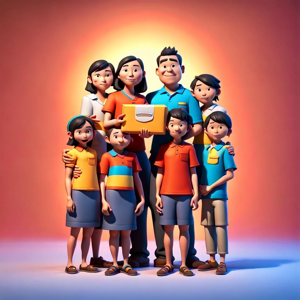 Ecuadorian Family with Packages in Pixar Style