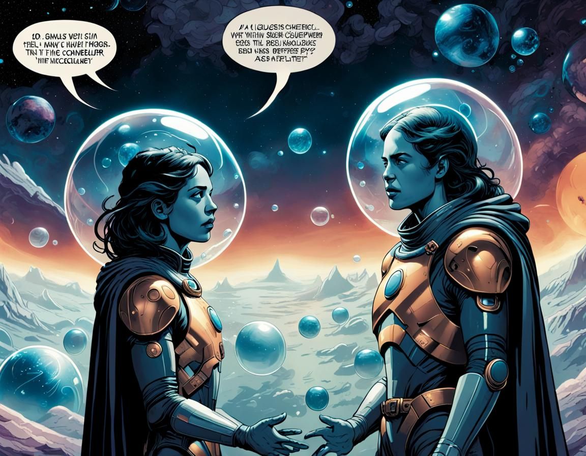 Ethereal AI Dialogue in Spaceship, Comic Book Art