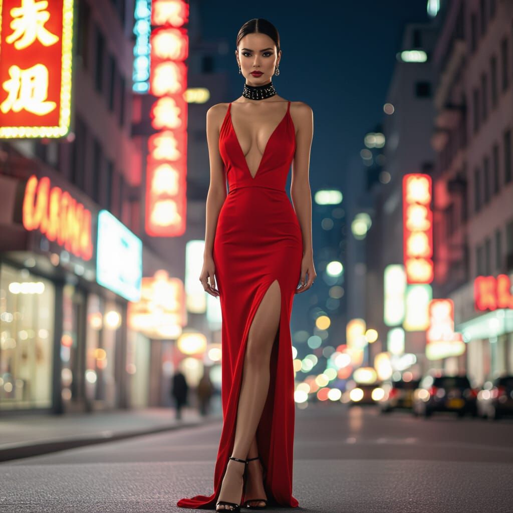 Glamorous Woman in Crimson Dress Amidst City Lights