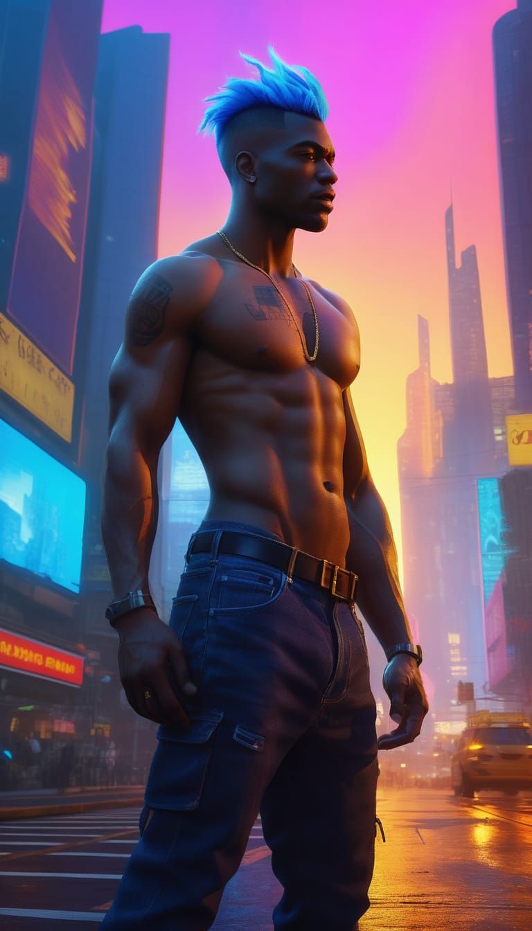 Cyberpunk Hero in Vibrant Urban Landscape