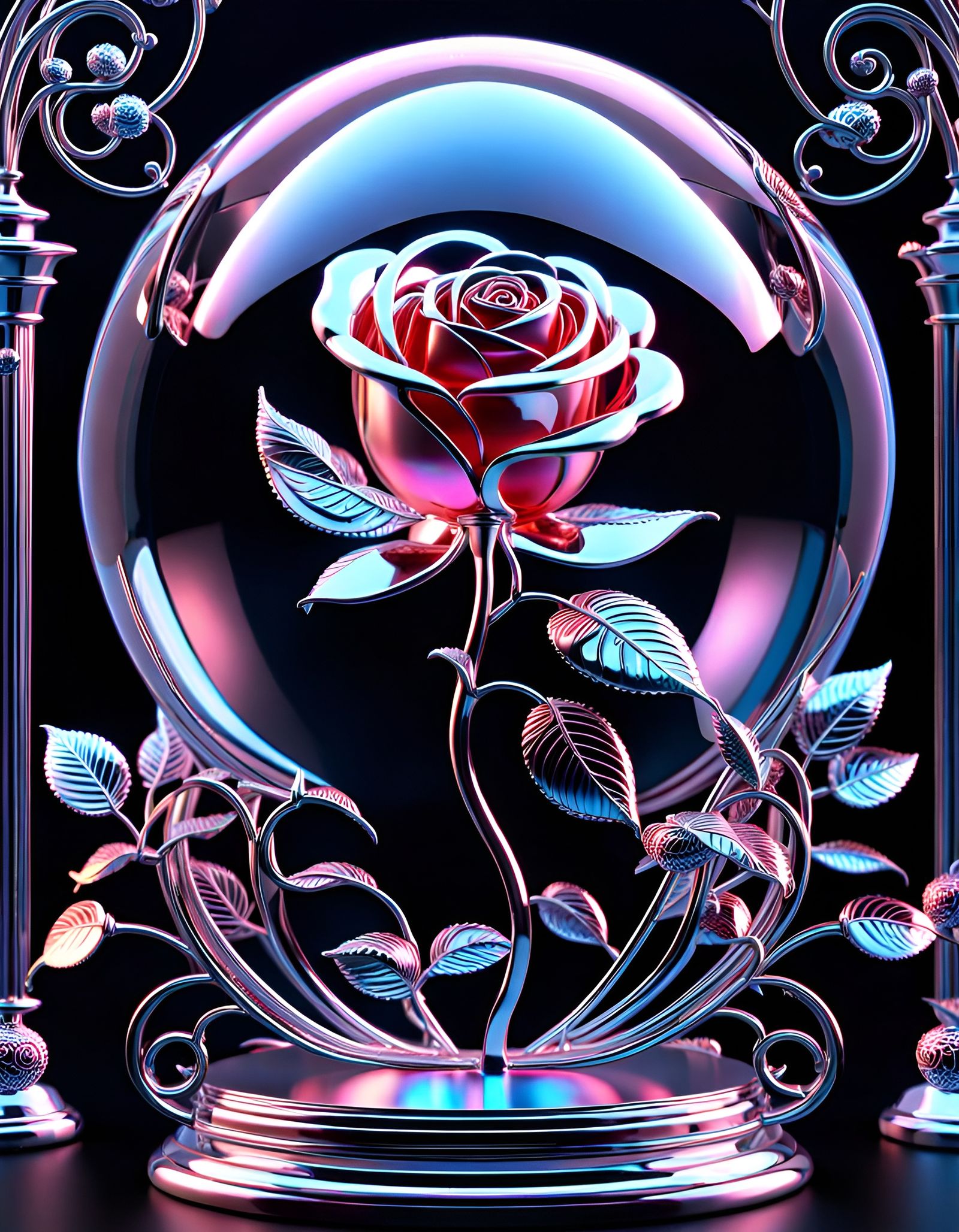 Metallic 3D Rose Flower Inside Glass Apple