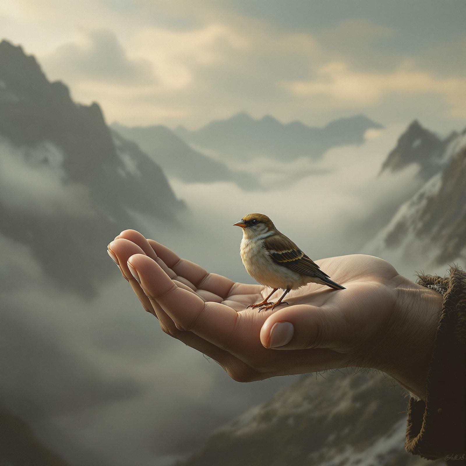 Sparrow in Gentle Hands, Amidst Misty Mountains