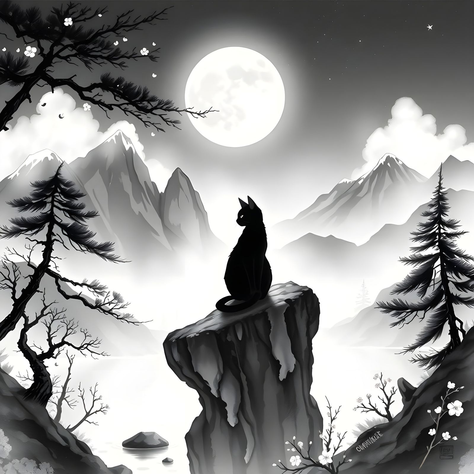 Cat in Moonlight: Japanese Ink Art Digital Masterpiece