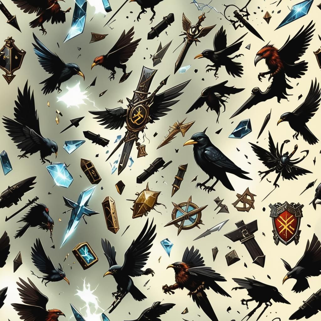 Chaotic Fantasy Scene with Birds and Armor