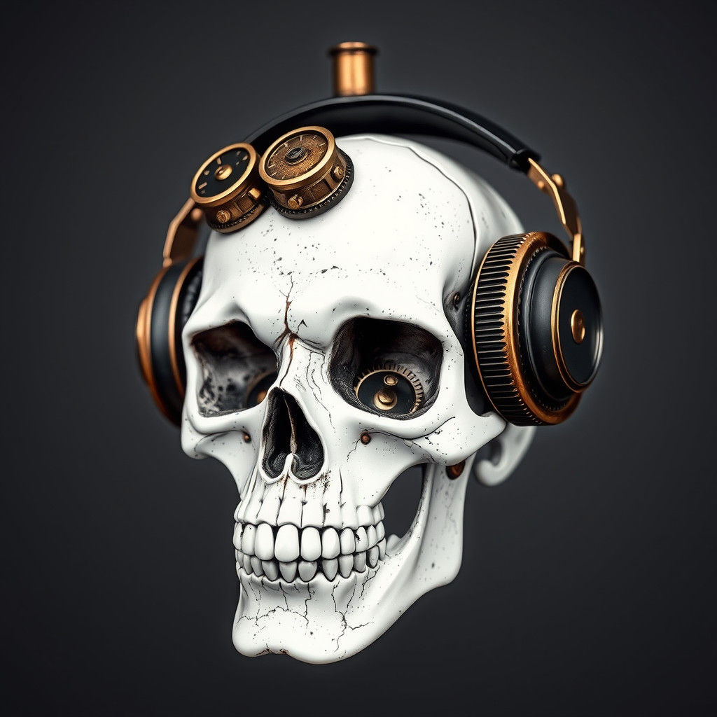 Steampunk Skull with Headphones, Digital Art