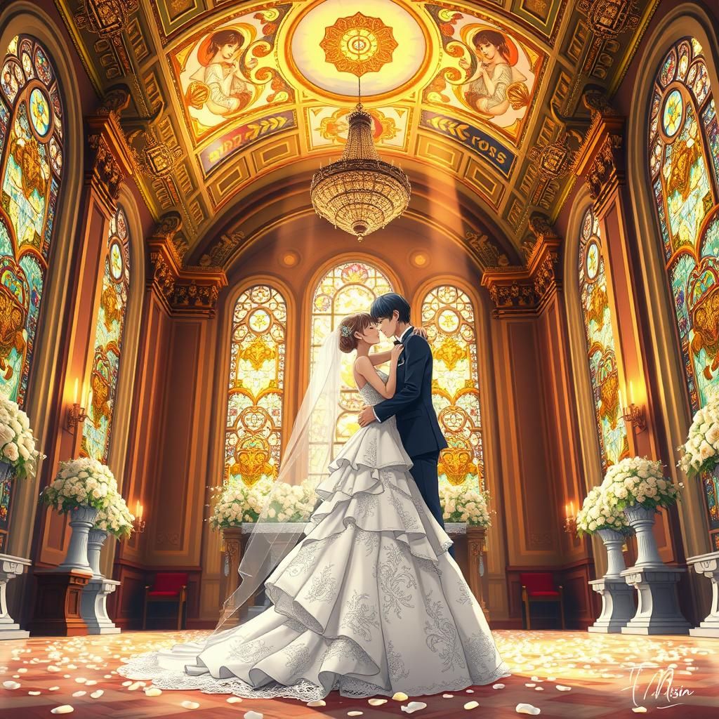 Anime Bride and Groom Kiss at Ornate Altar