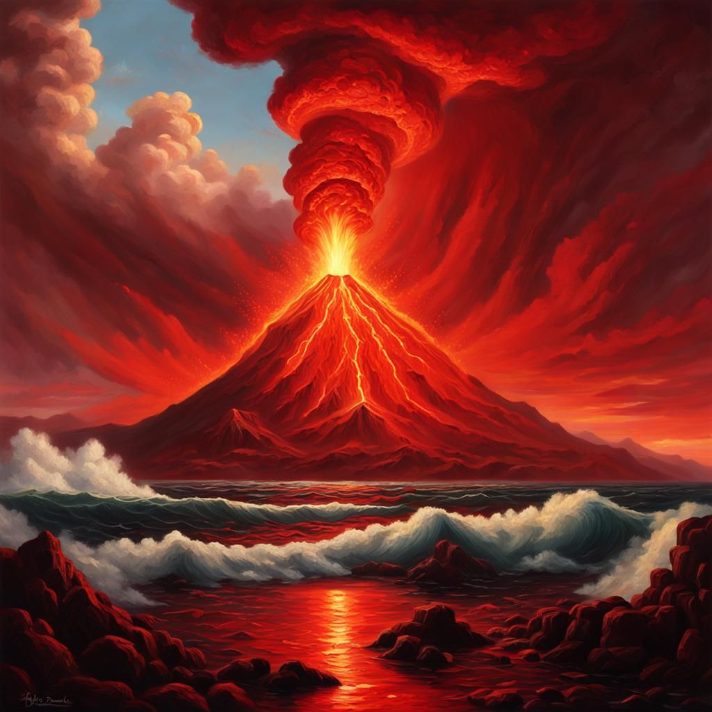 Erupting Red Sea Volcano in Oil Painting Style