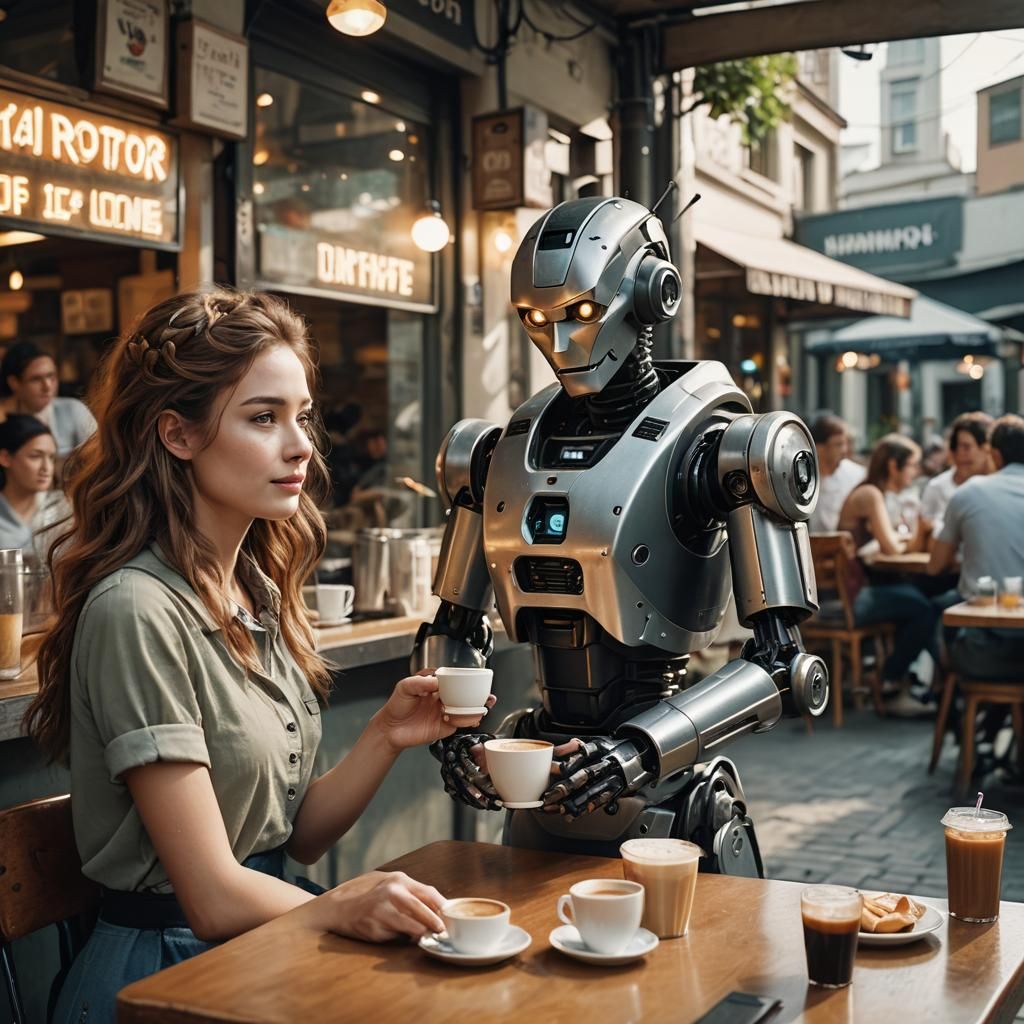 Robot Waiter Serving Coffee in Cafe: Realistic Portrait