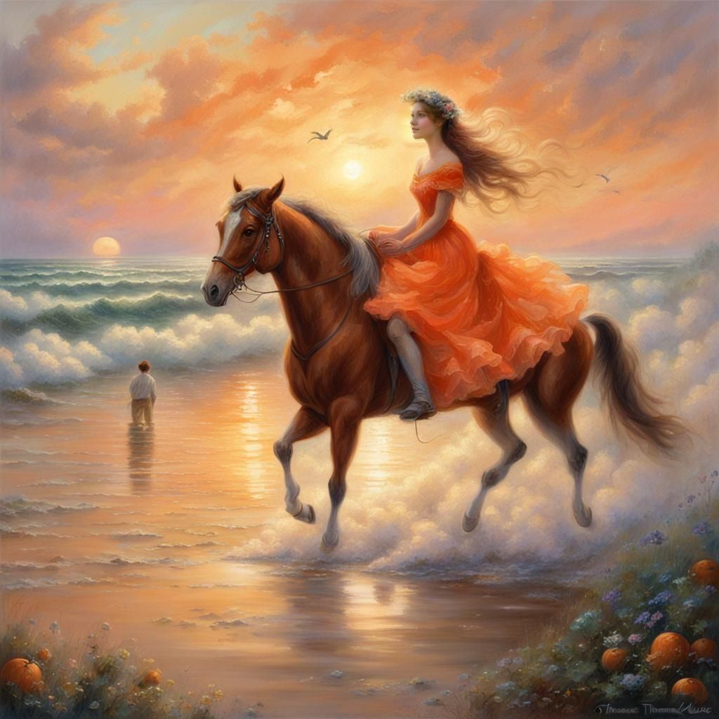 Ethereal Girl on Horse by Beach, Fantasy Art