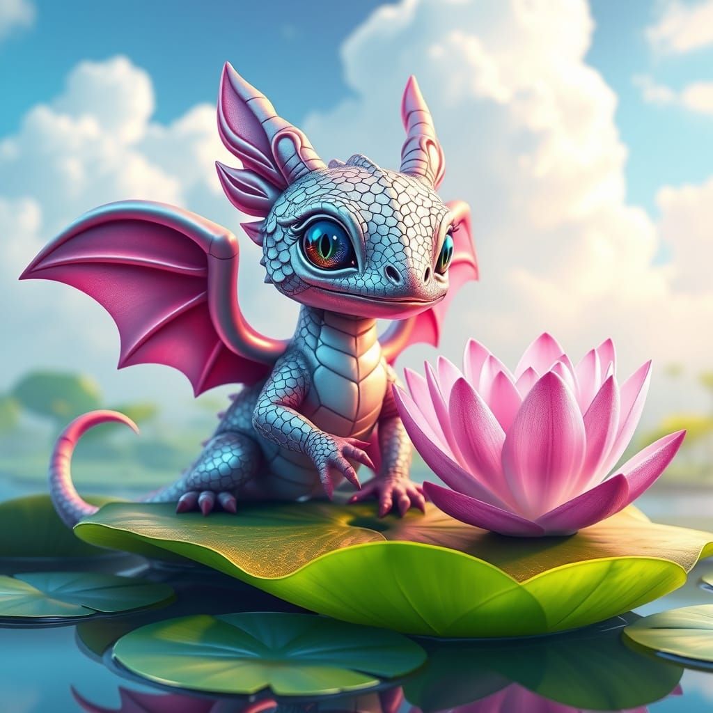 Metallic Baby Dragon on Lotus Pond: Digital Art