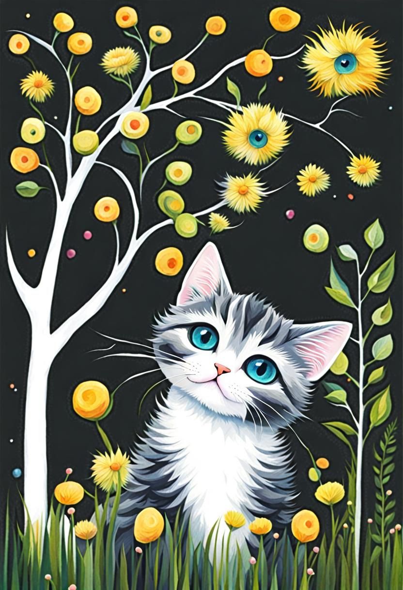 Kitten in Meadow: Gouache and Watercolor Impression