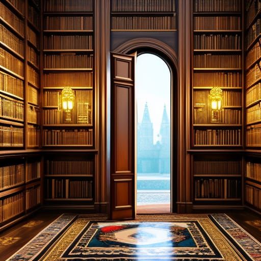 Ornate Library Hides Secret Door: Digital Art