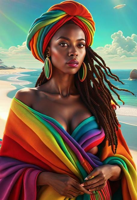 Rastafarian Woman Selling Towels with Psychedelic Background