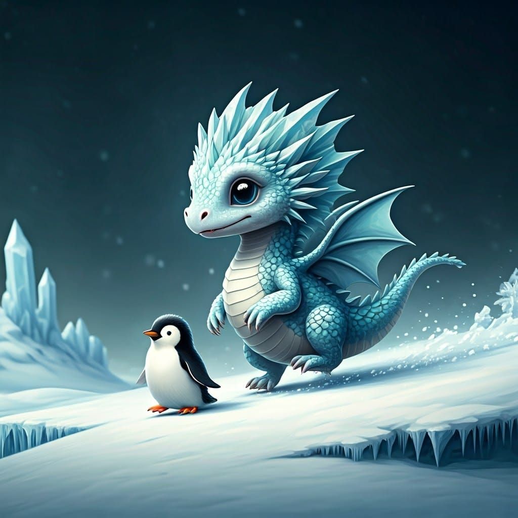 Ice Dragon and Penguin in Watercolor Fairytale