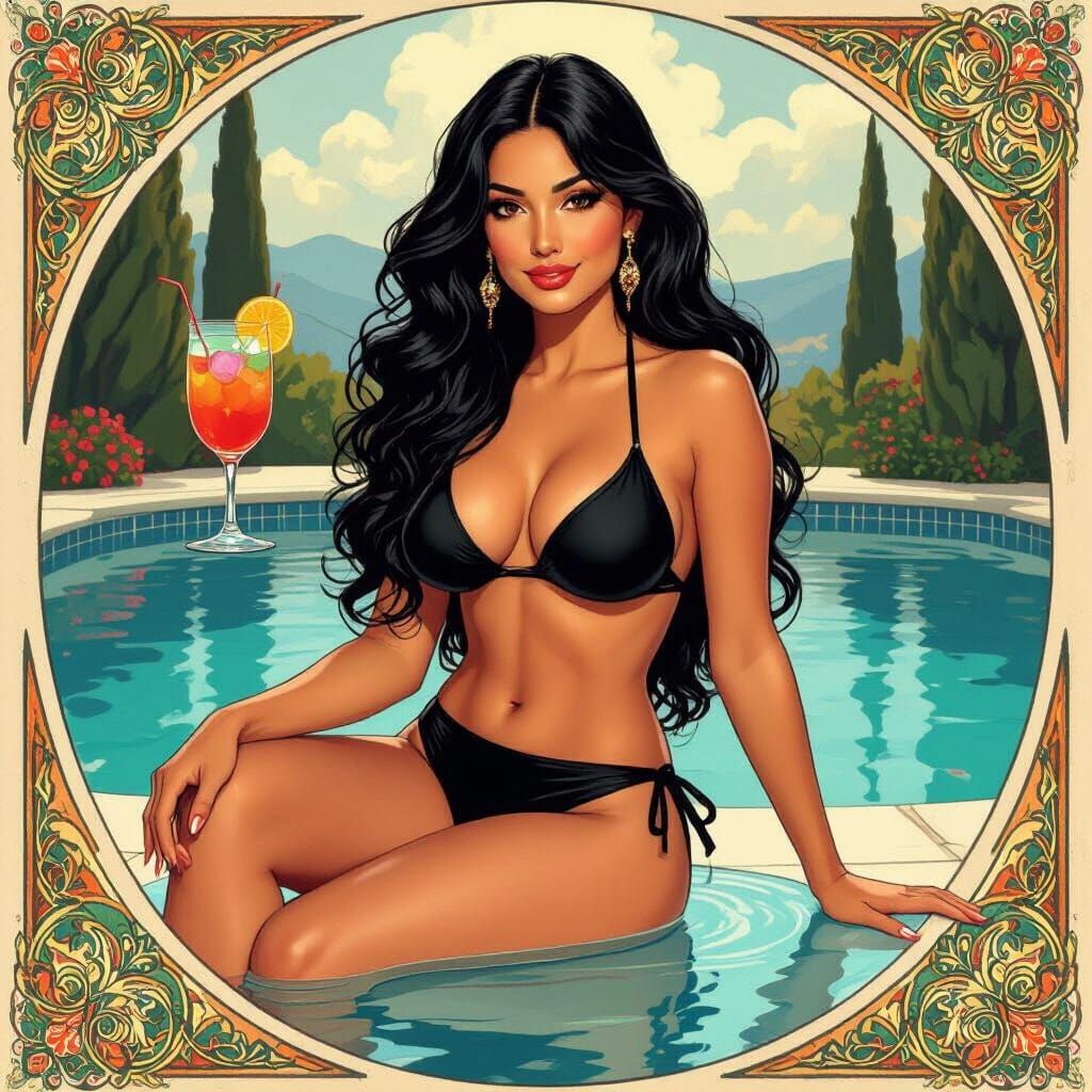 Hispanic Woman Poolside in Art Nouveau Style