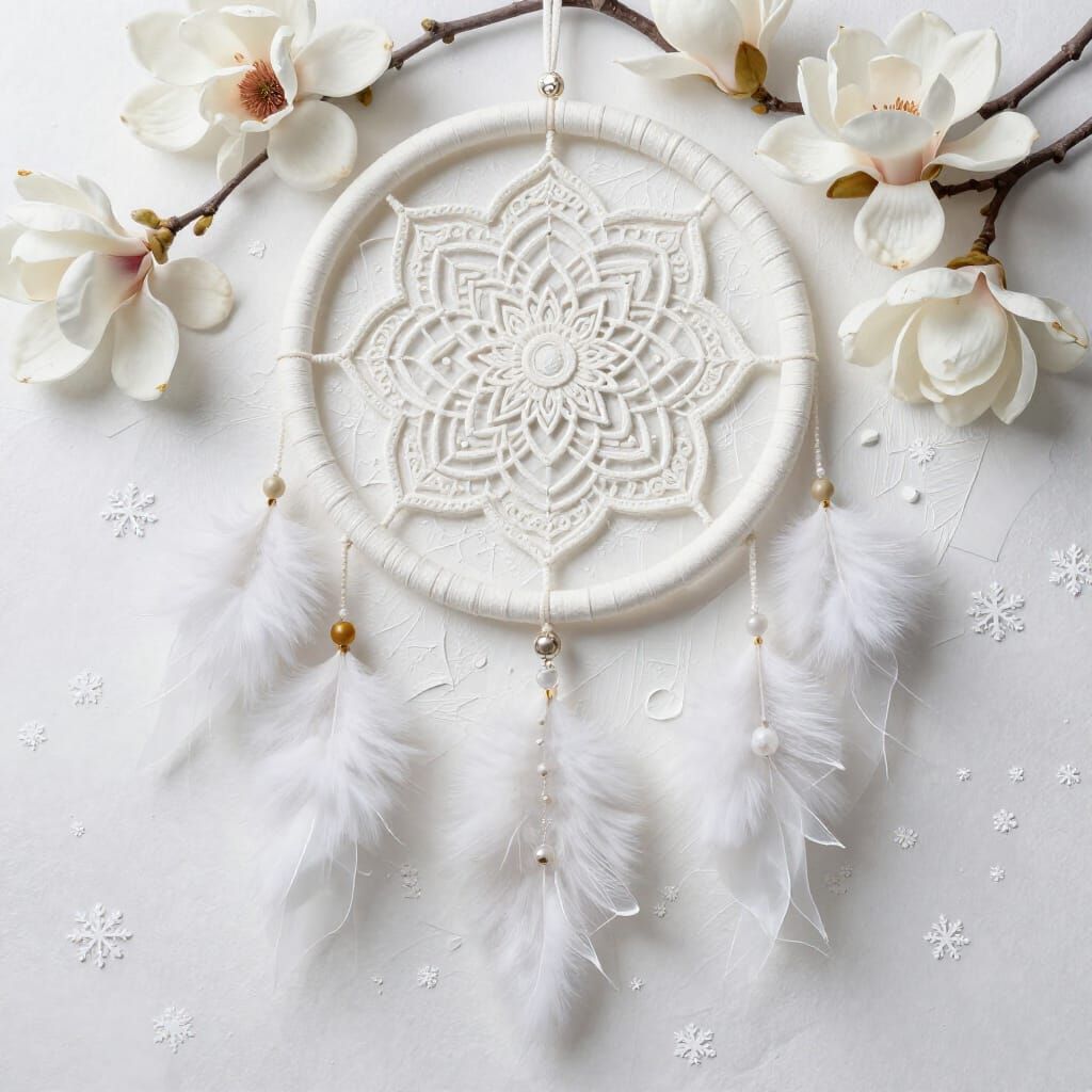 Snowy Mandala Dream Catcher with White Magnolia Flowers