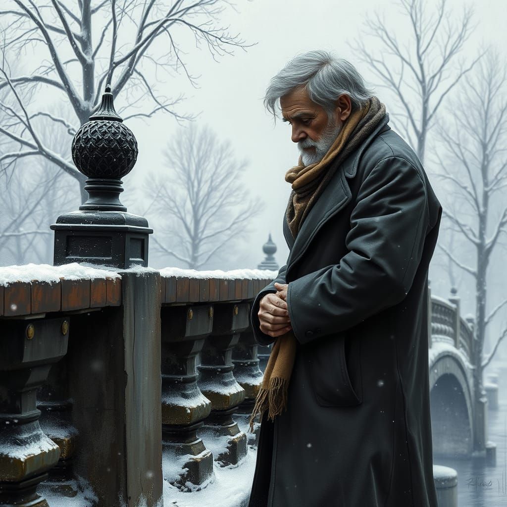 Aged Man Contemplates Snowfall on Weathered Bridge