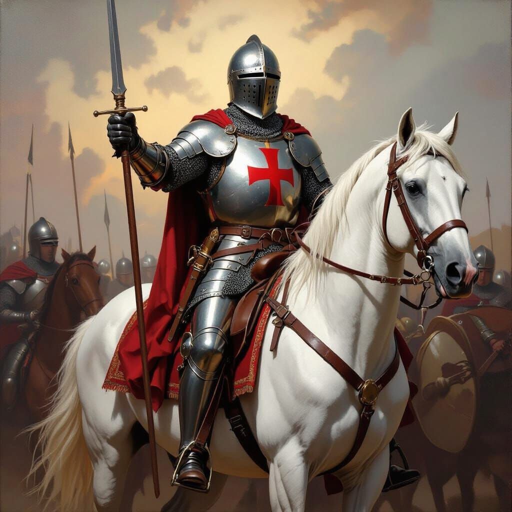 Portuguese Templar Knight on White Horse in Oil Painting Sty...