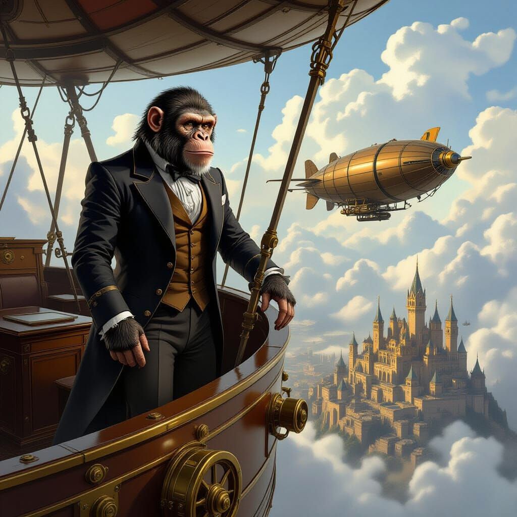 Victorian Chimp on Dirigible Above Medieval City