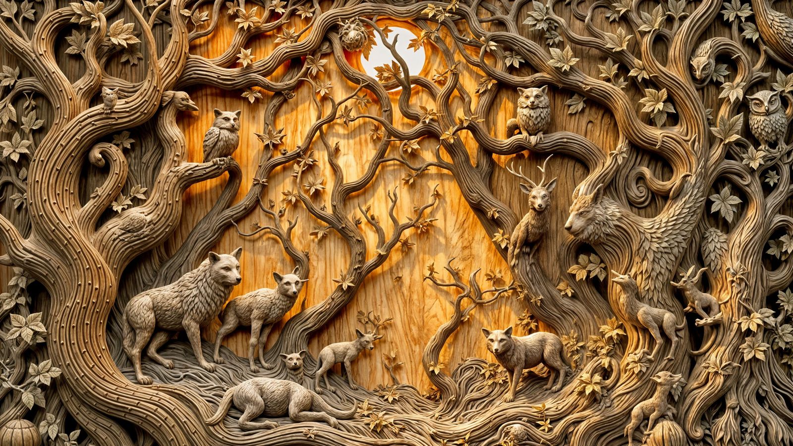 Mystical Forest Wood Carving: Animals and Nature