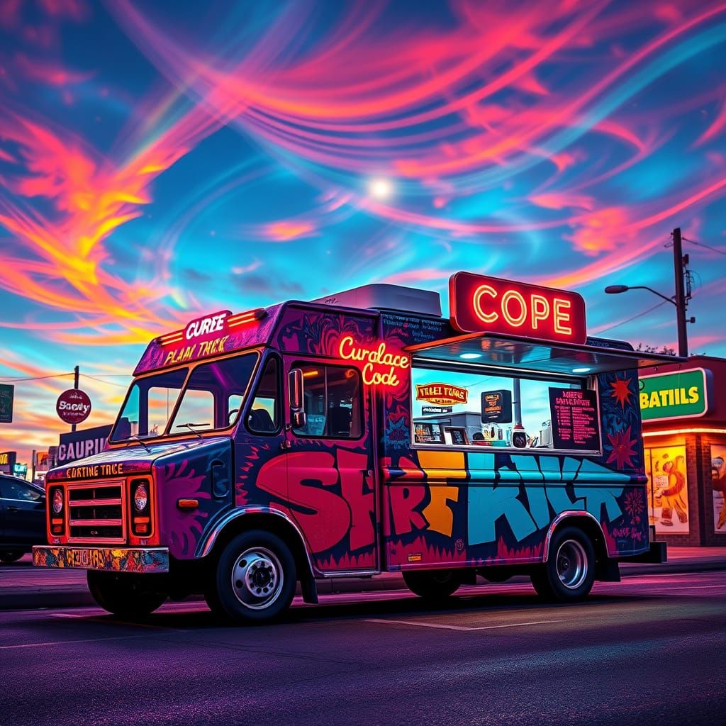 Vibrant Street Food Truck Under Kaleidoscope Skies