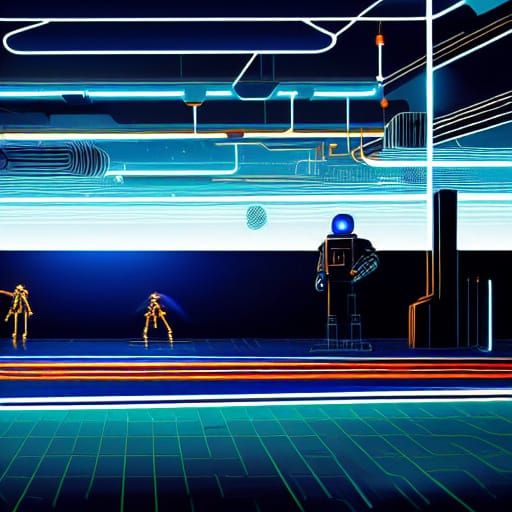 Sci-Fi Scene with Robots, Wires and Neon Lights