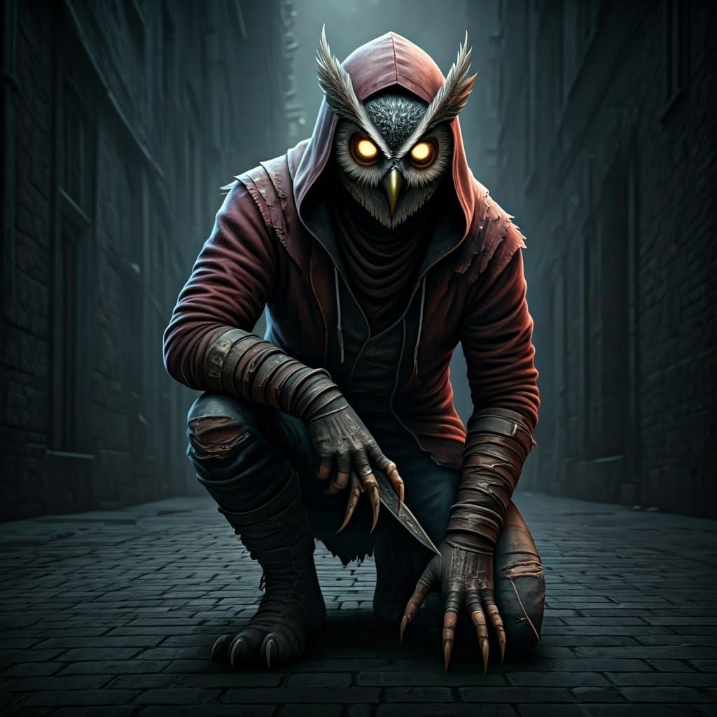 Mysterious Owl-Masked Figure in Dark Alleyway