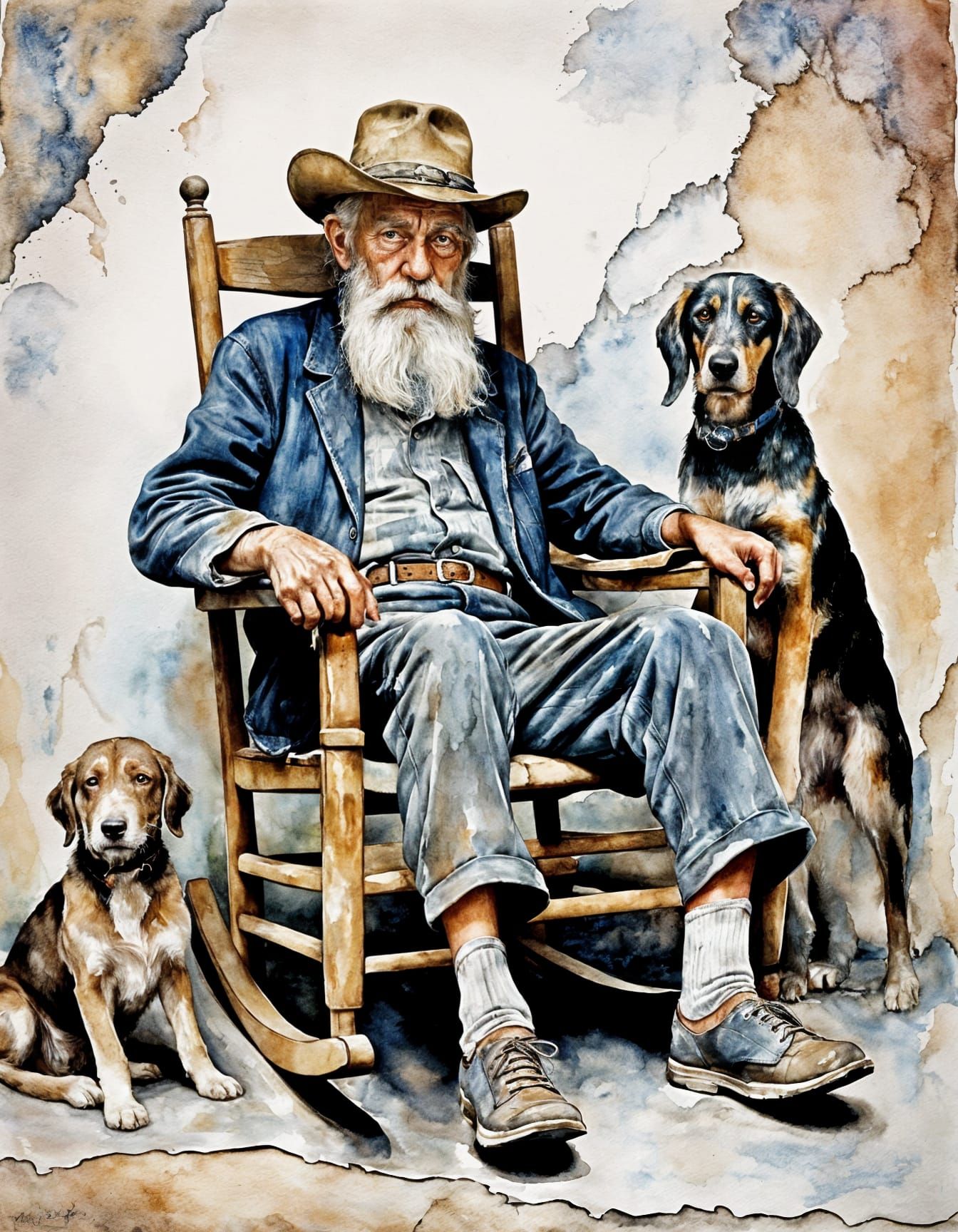 Elderly Hillbilly with Hound Dog Watercolor Painting