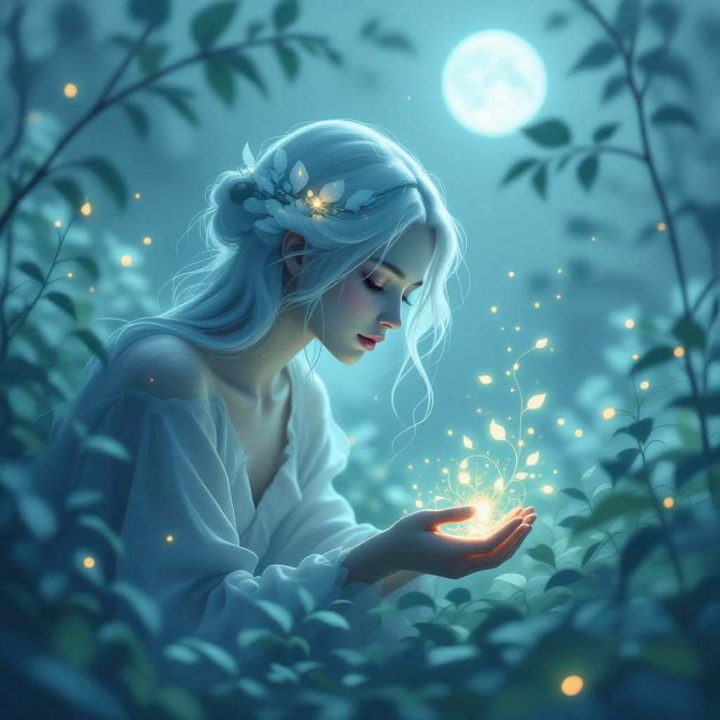 Dreamlike Figure in Serene Moonlit Landscape