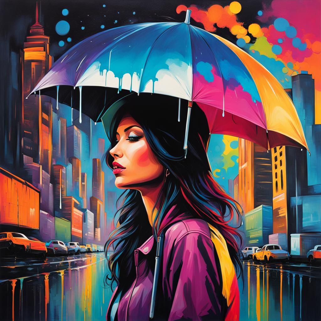 Woman with Umbrella in Colorful Graffiti Style