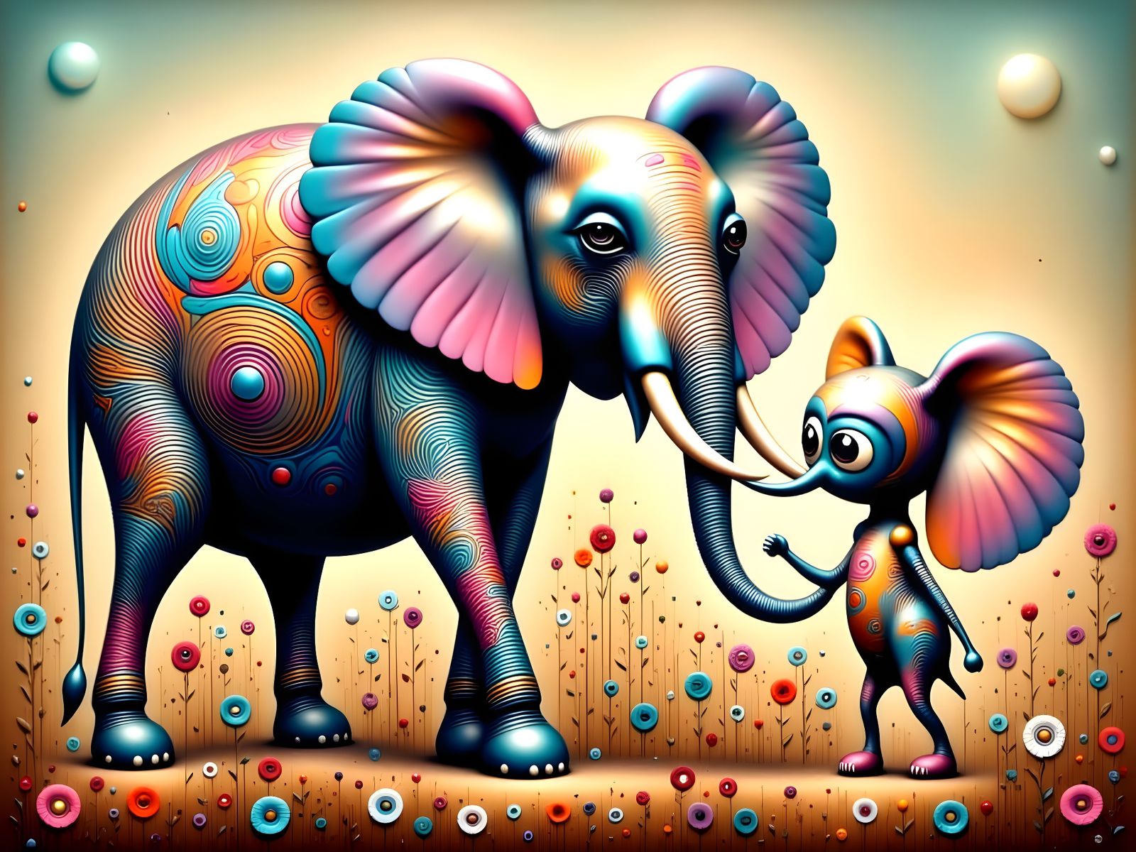 Surreal Elephant Embracing Mythical Creature in Floral Fanta...