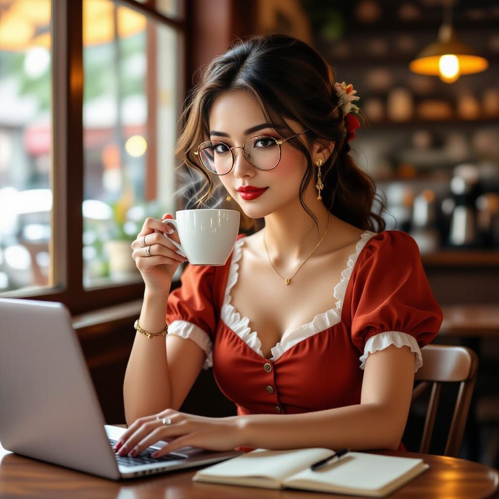 Filipino Woman in Coffee Shop as Art Nouveau Illustration