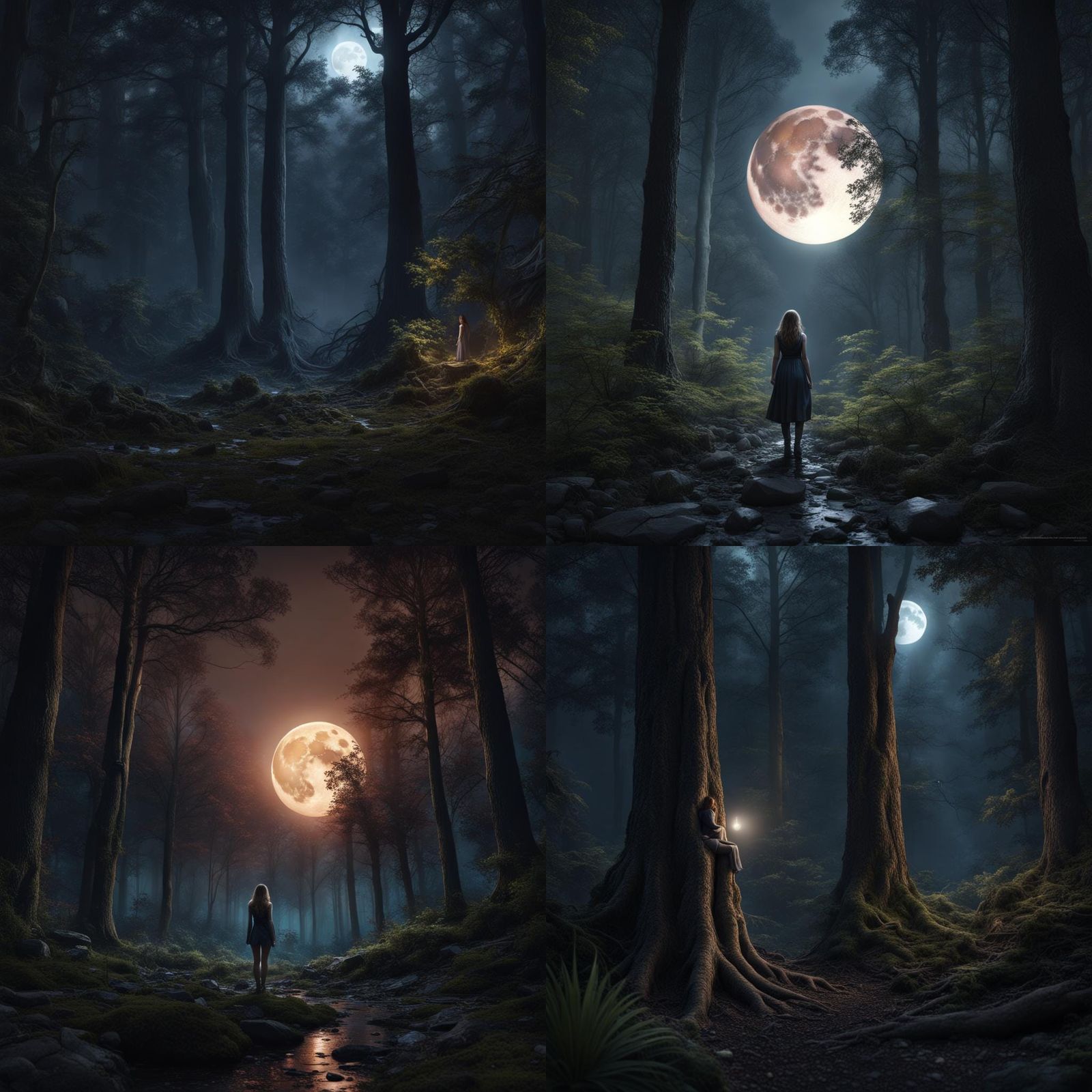 Woman in Forest at Night Under Supermoon