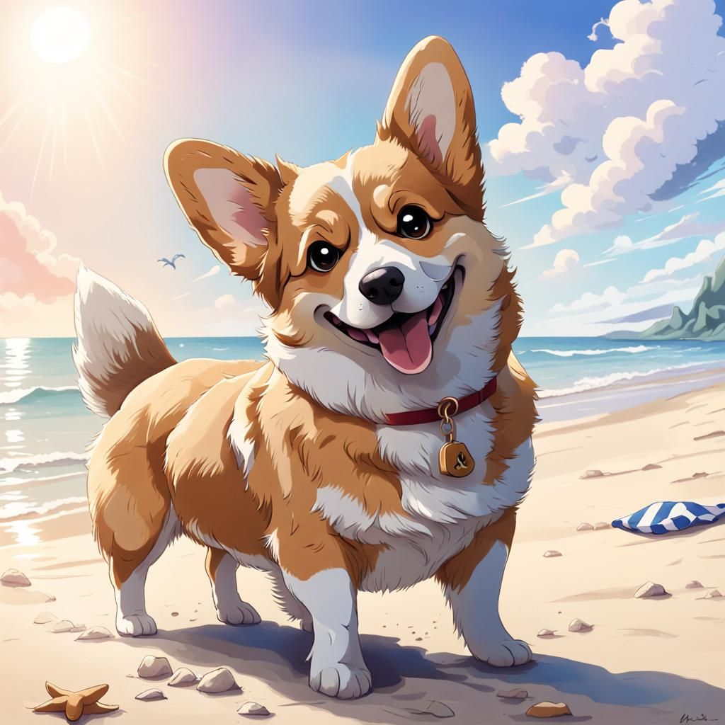 Anime Style Corgi Enjoying Beach Day