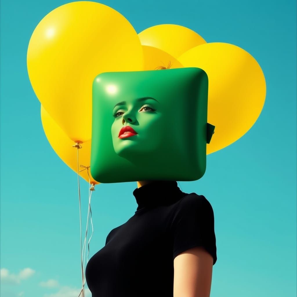 Surreal Yellow Blue Green Woman in a Vibrant Balloon