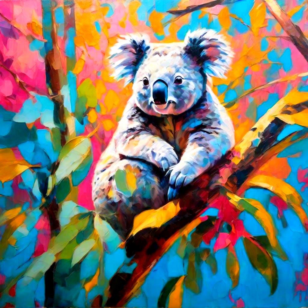 Koala with Baby in Tree, Neo-Impressionist Painting