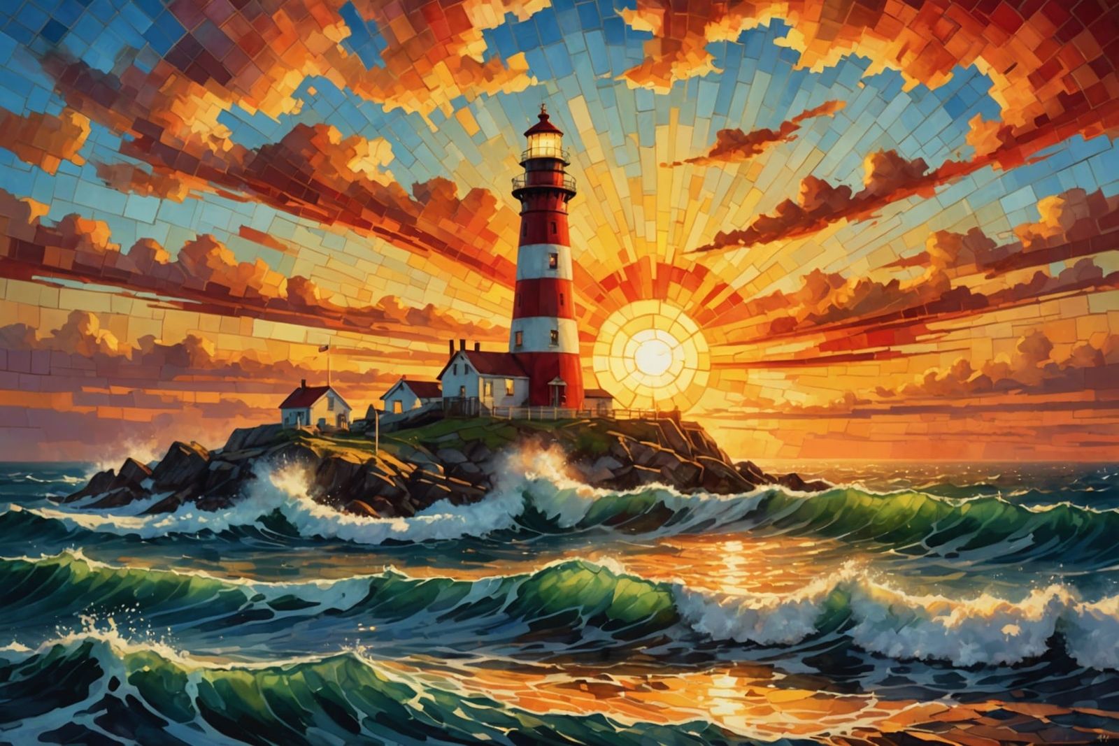 Lighthouse at Sunset: A Detailed Oil and Watercolor Painting