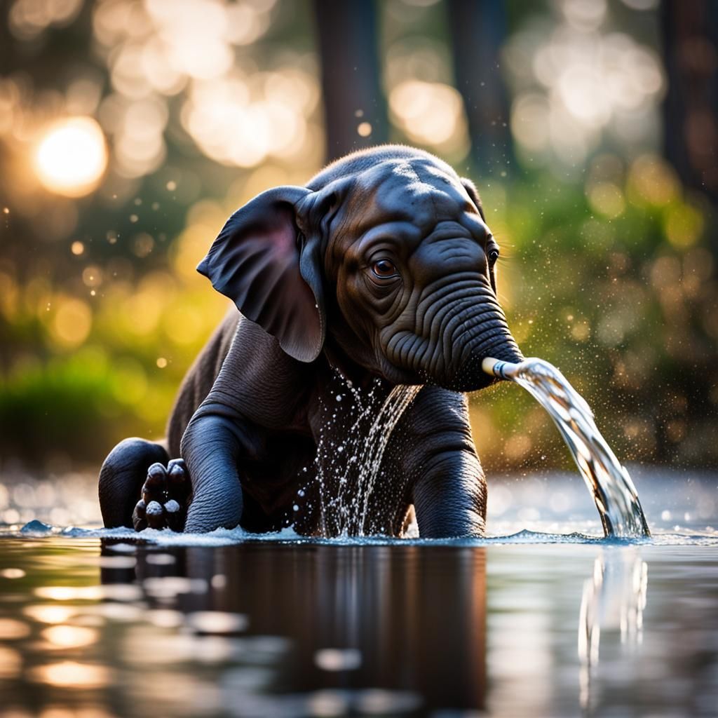 Baby Elephant Sprays Water: Professional Photography