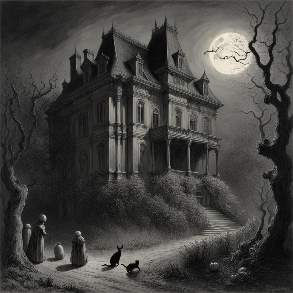 Moonlit Horror Mansion with Ghosts and Cats