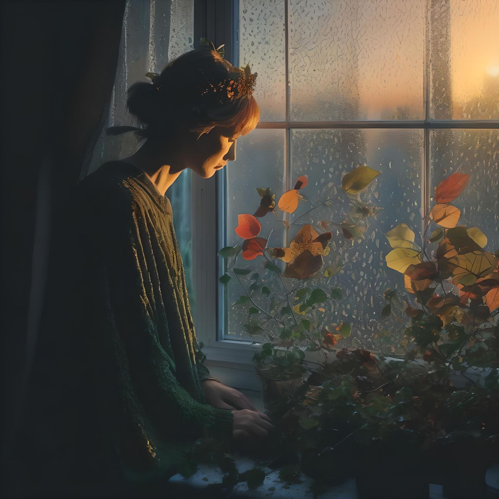 Woman with Floral Crown at Sunrise Window