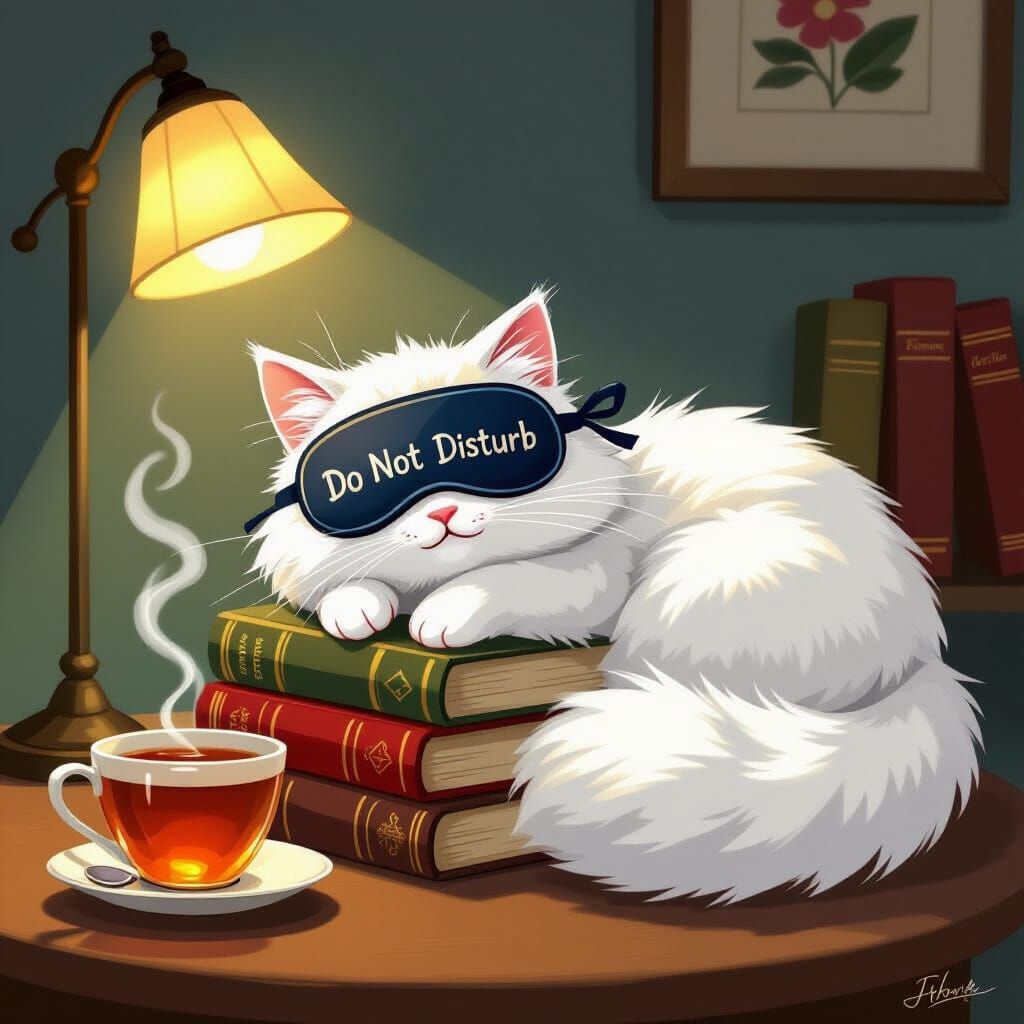 Cat Nap on Books in Ghibli Cartoon Style