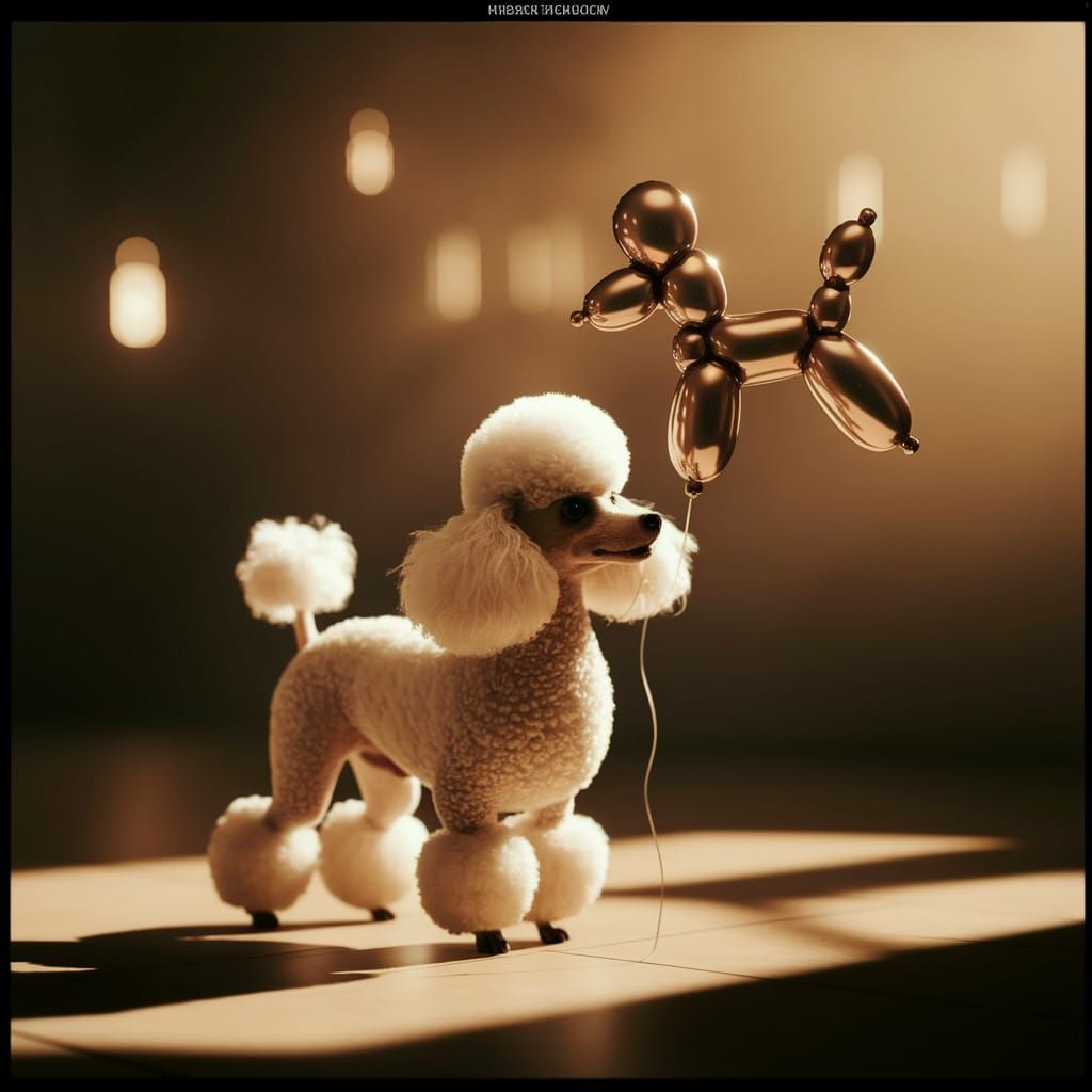 Poodle Holding Balloon in Warm Cinematic Light