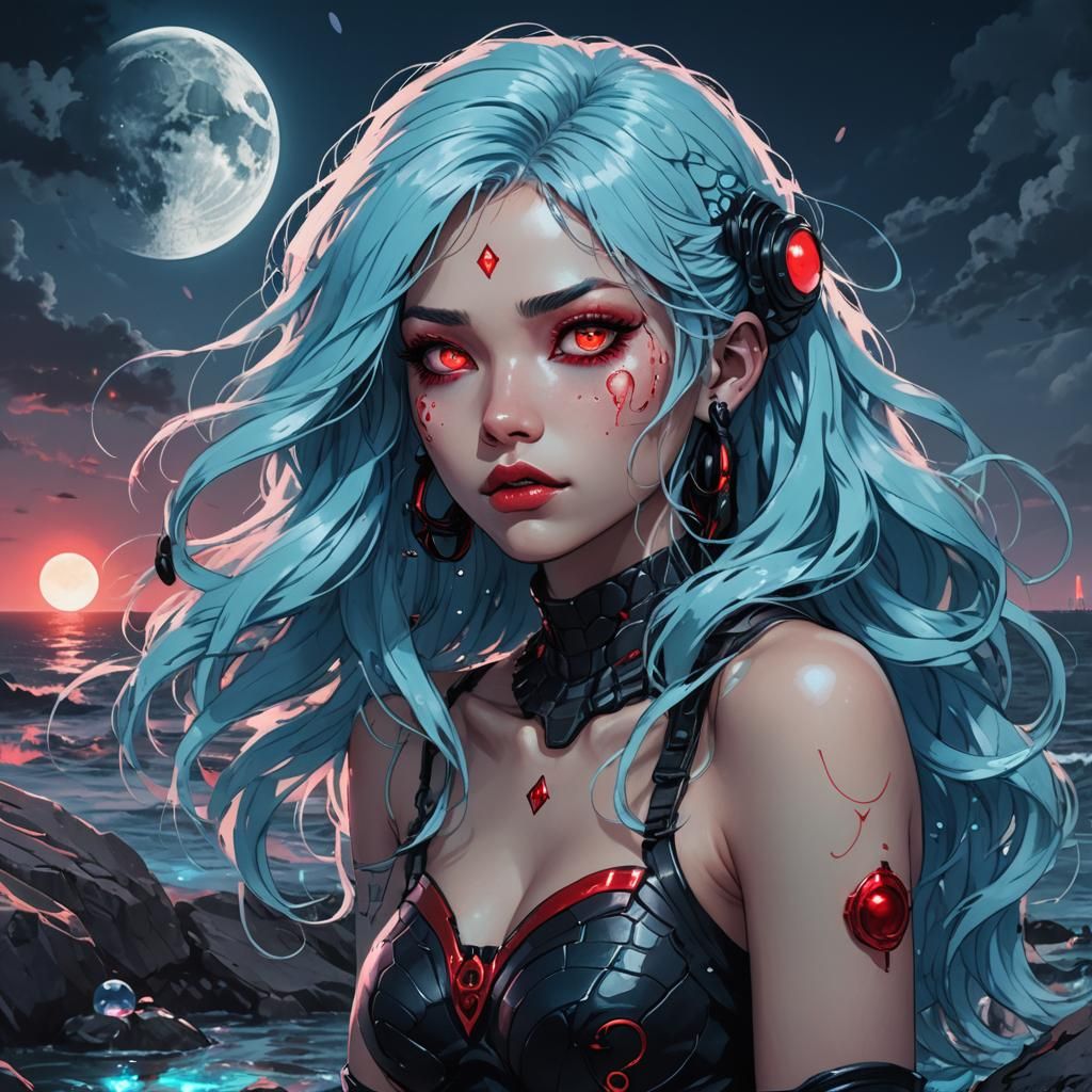 Cyberpunk Mermaid with Red Eyes in Anime Art