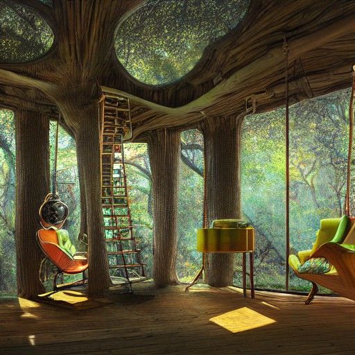 Detailed Treehouse Interior in Retrofuturist Style