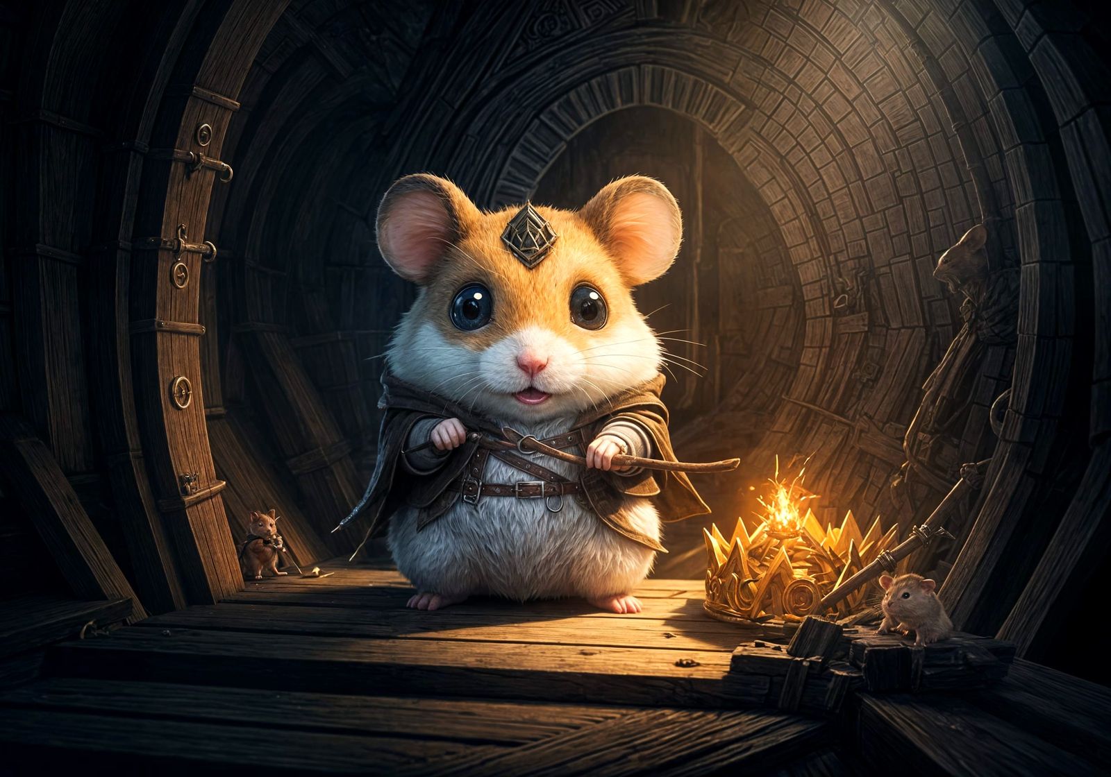 Chibi Hamster Indiana Jones in Whimsical Anime Dungeon Adven...