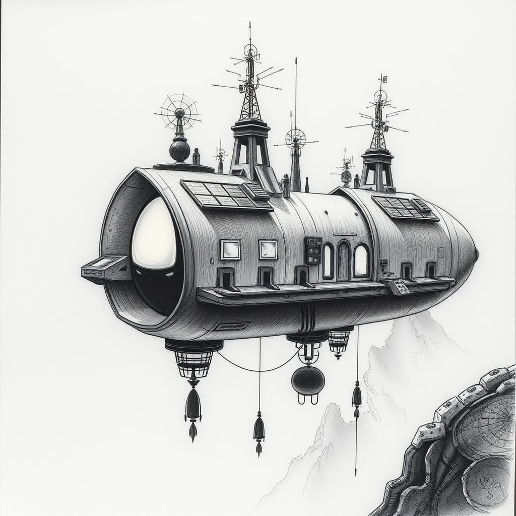 Futuristic Floating Village in 2200 as Charcoal Drawing