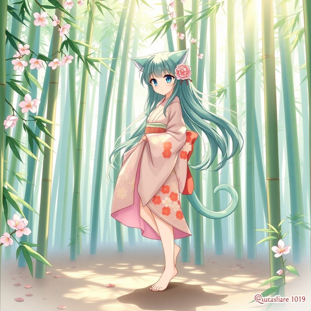 Anime Catgirl in Serene Bamboo Forest with Cherry Blossoms