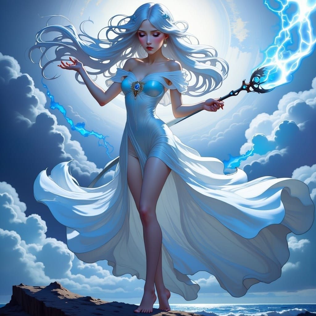 Elemental Anime Woman Commands Storm in Digital Art