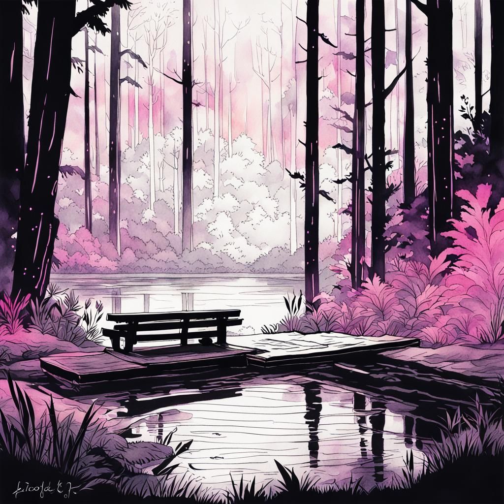 Tranquil Forest Glade Ink Artwork