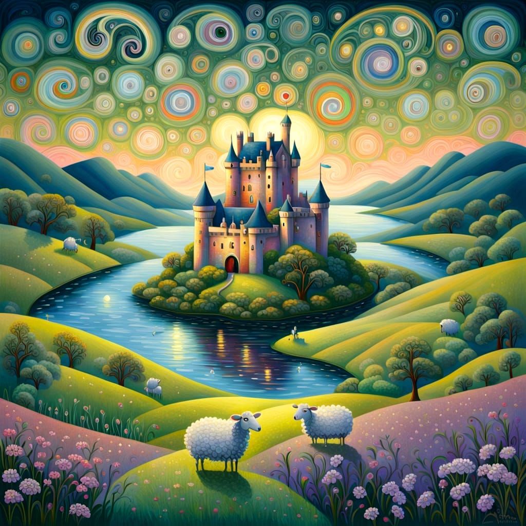 Whimsical Abstract Scottish Castle Painting